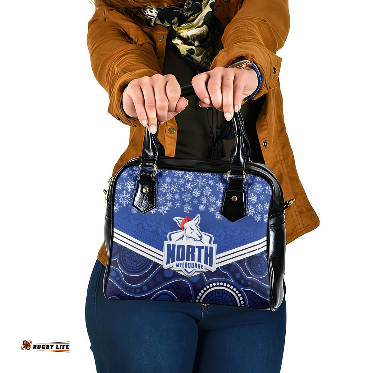 Custom North Melbourne Football Christmas Shoulder Handbag Merry Xmas 2023 Mix Aboriginal Art