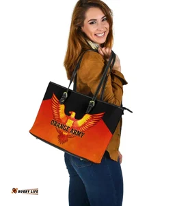 Orange Army Large Leather Tote Cricket Sporty Style A31