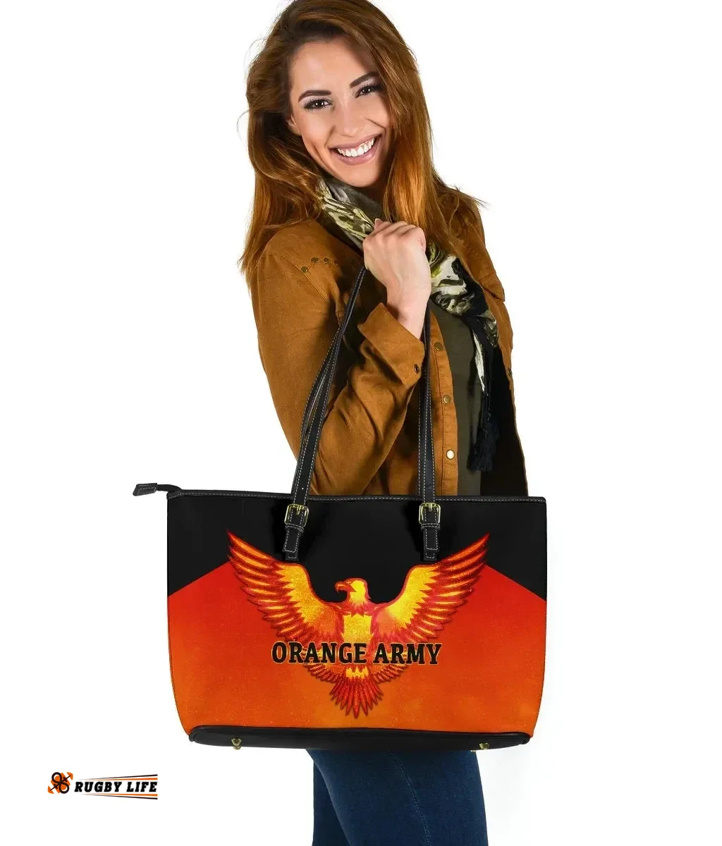 Orange Army Large Leather Tote Cricket Sporty Style A31