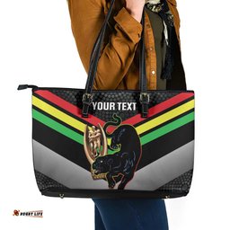 Personalised Panthers Rugby 2024 Leather Tote Bag Mascot With Trophy Go Champions Aboriginal Art