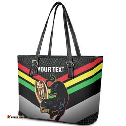 Personalised Panthers Rugby 2024 Leather Tote Bag Mascot With Trophy Go Champions Aboriginal Art