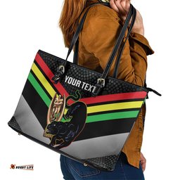Personalised Panthers Rugby 2024 Leather Tote Bag Mascot With Trophy Go Champions Aboriginal Art