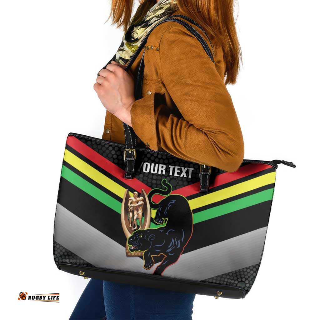 Personalised Panthers Rugby 2024 Leather Tote Bag Mascot With Trophy Go Champions Aboriginal Art