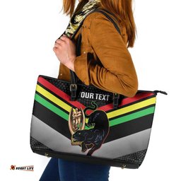 Personalised Panthers Rugby 2024 Leather Tote Bag Mascot With Trophy Go Champions Aboriginal Art