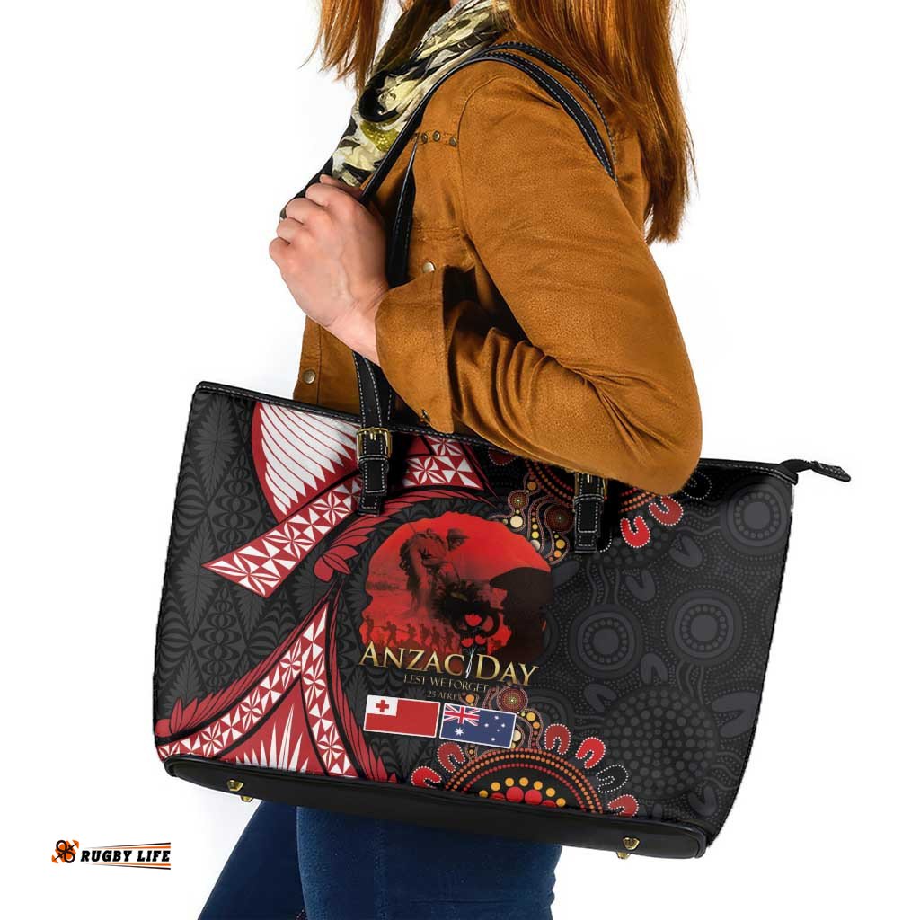 Tonga and Australia ANZAC Day Leather Tote Bag Aboriginal and Ngatu Art Pattern - Gallipoli Lest We Forget