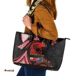 Tonga and Australia ANZAC Day Leather Tote Bag Aboriginal and Ngatu Art Pattern - Gallipoli Lest We Forget