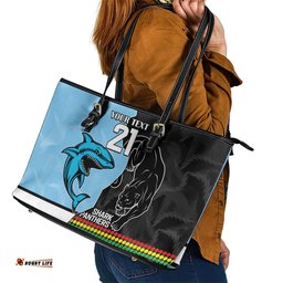 NRL Panthers-Shark Mascot Custom Leather Tote Bag Cracked Metal Style