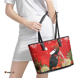 Personalised Palm Cockatoo Australia Christmas Leather Tote Bag Merry Chrissie - Banksia Flowers