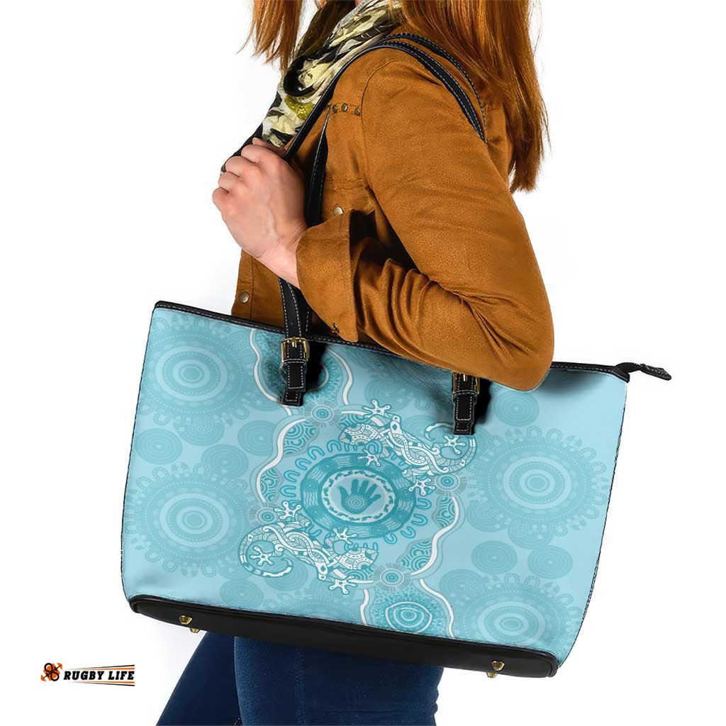 Blue Australia Lizard With Aboriginal Art Leather Tote Bag