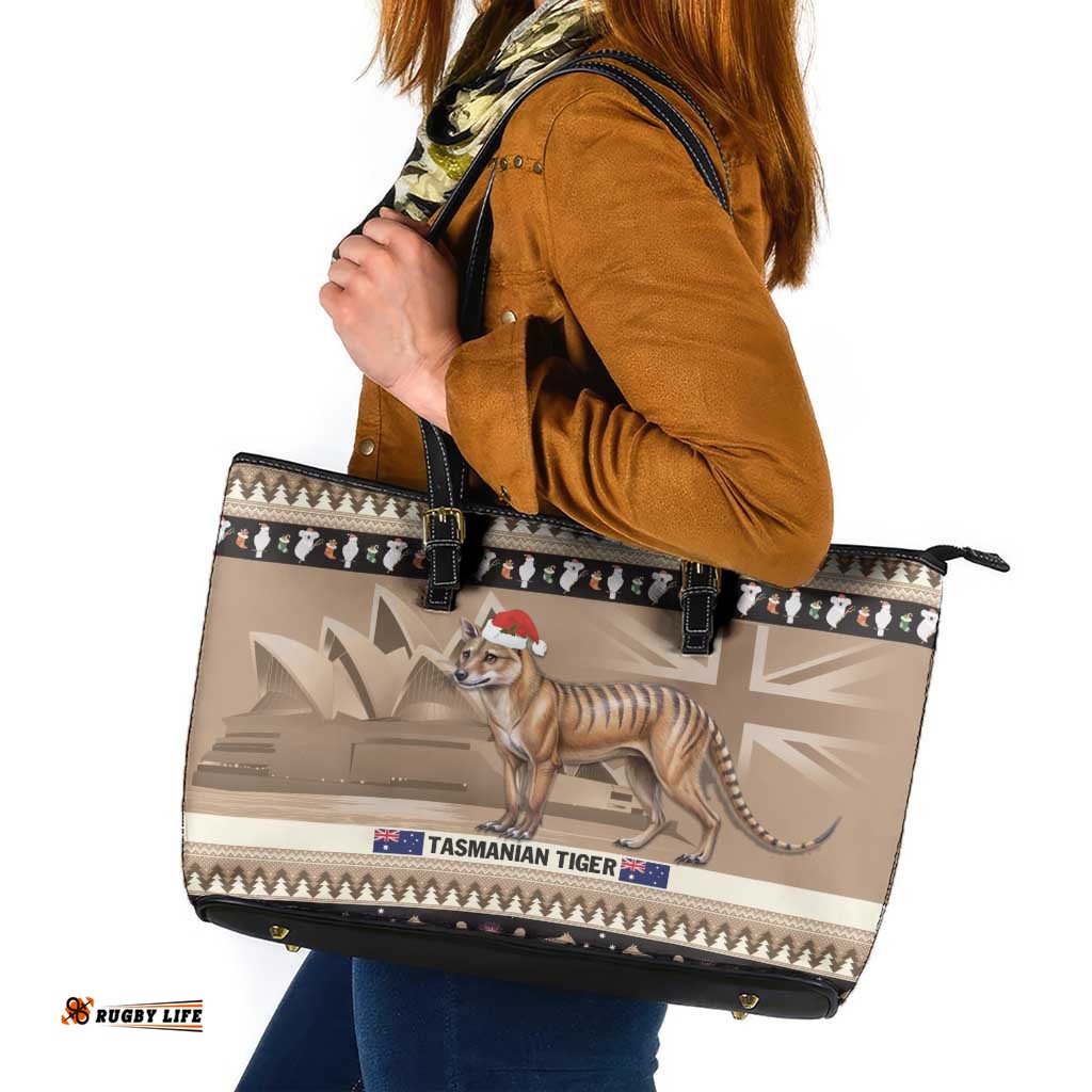 Aussie Tasmanian Tiger Leather Tote Bag Merry Christmas
