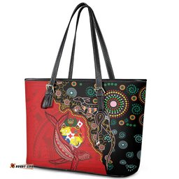 Tonga Ngatu and Australia Together Leather Tote Bag Polynesian Humpback Whale and Aboriginal Kangaroo