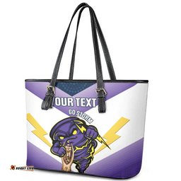 Personalised Storm Rugby 2024 Leather Tote Bag Mascot With Trophy Go Champions Aboriginal Art
