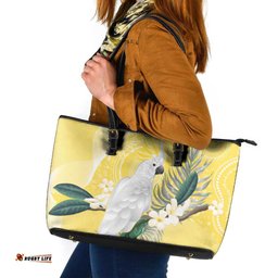 Australia Cacatua Galerita Leather Tote Bag Sulphur-Crested Cockatoo - Aboriginal Art