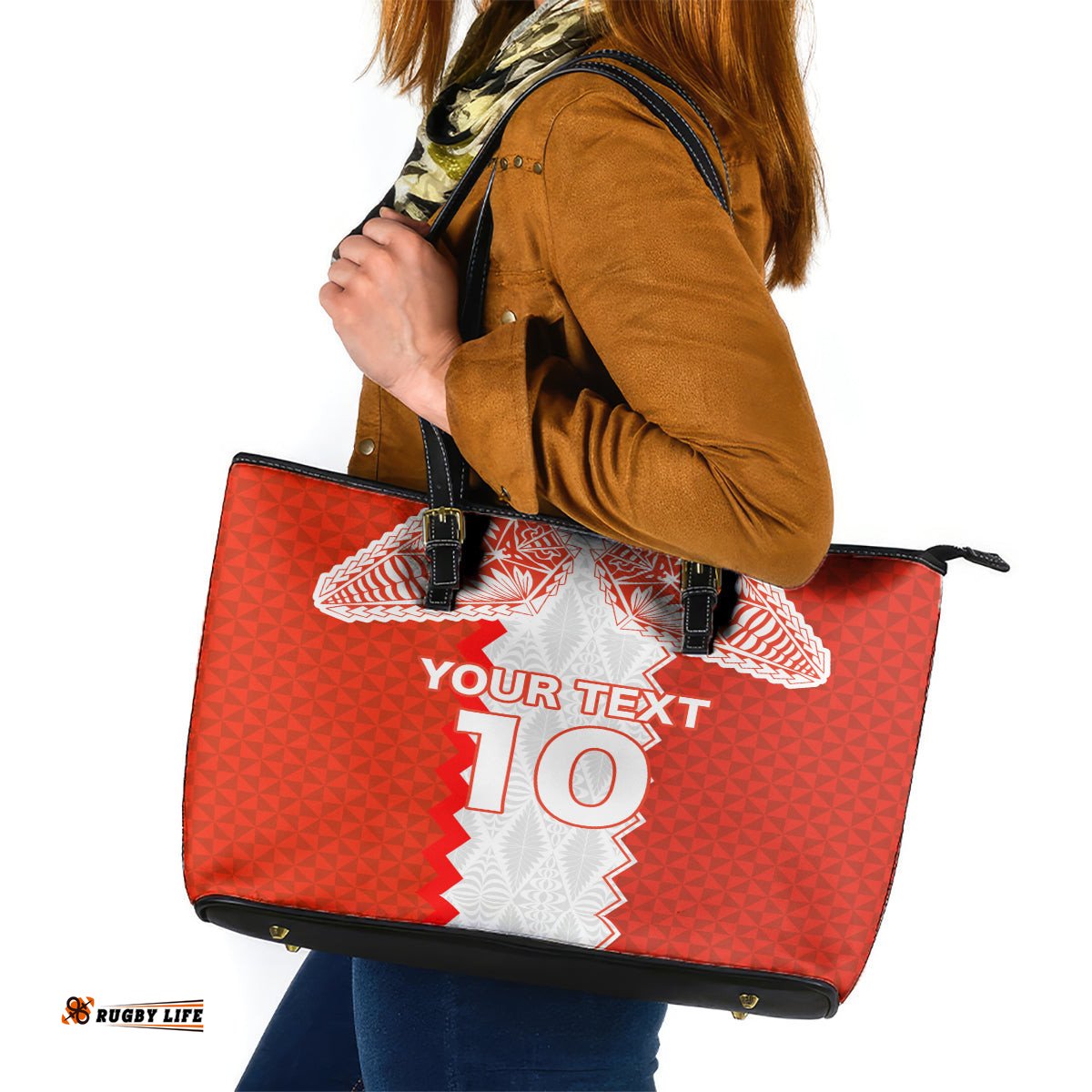 Custom Tonga Rugby Leather Tote Bag Ikale Tahi Ngatu Tribal Pattern