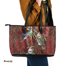 Australia Christmas Leather Tote Bag Kookaburra Santa on Red Bottlebrush