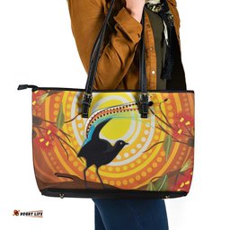 Australia Superb Lyrebird Leather Tote Bag Aboriginal Art