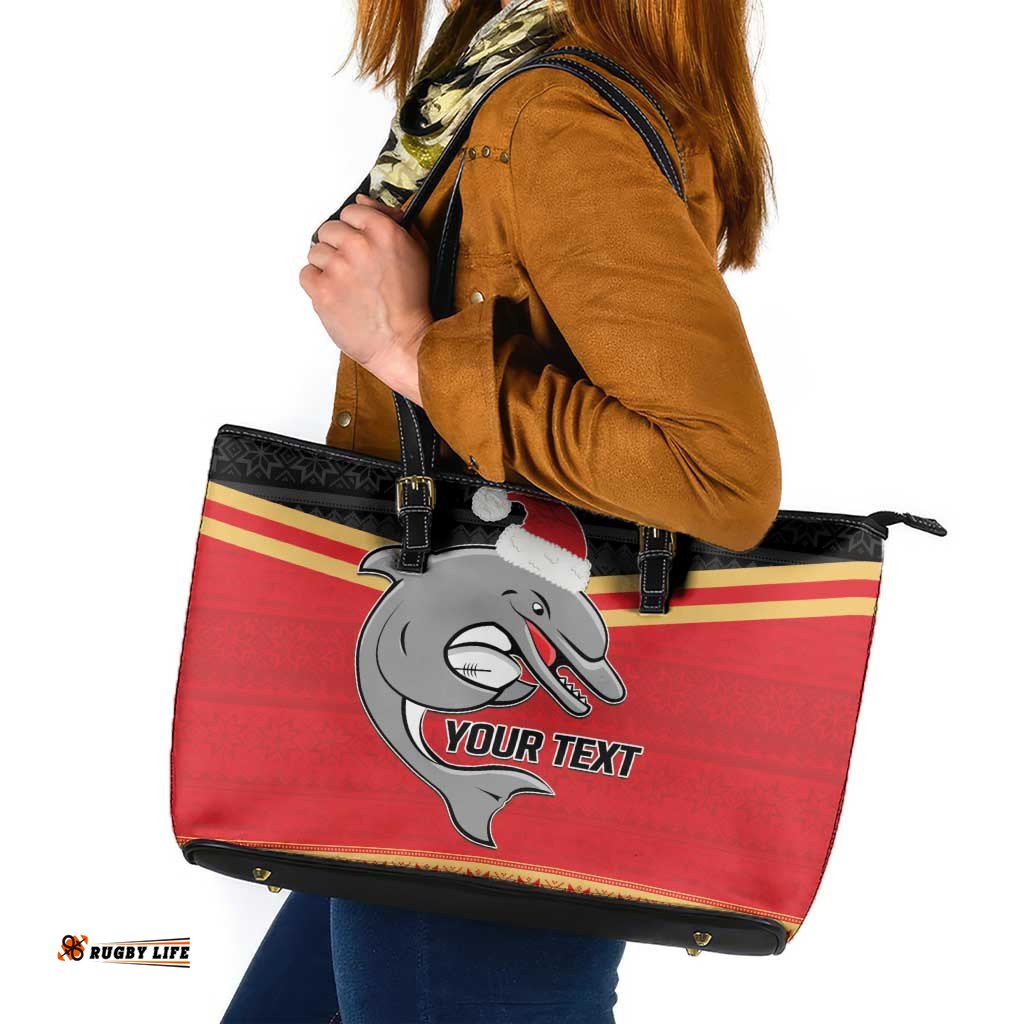 NRL Dolphins Mascot Christmas Personalised Leather Tote Bag Black Style