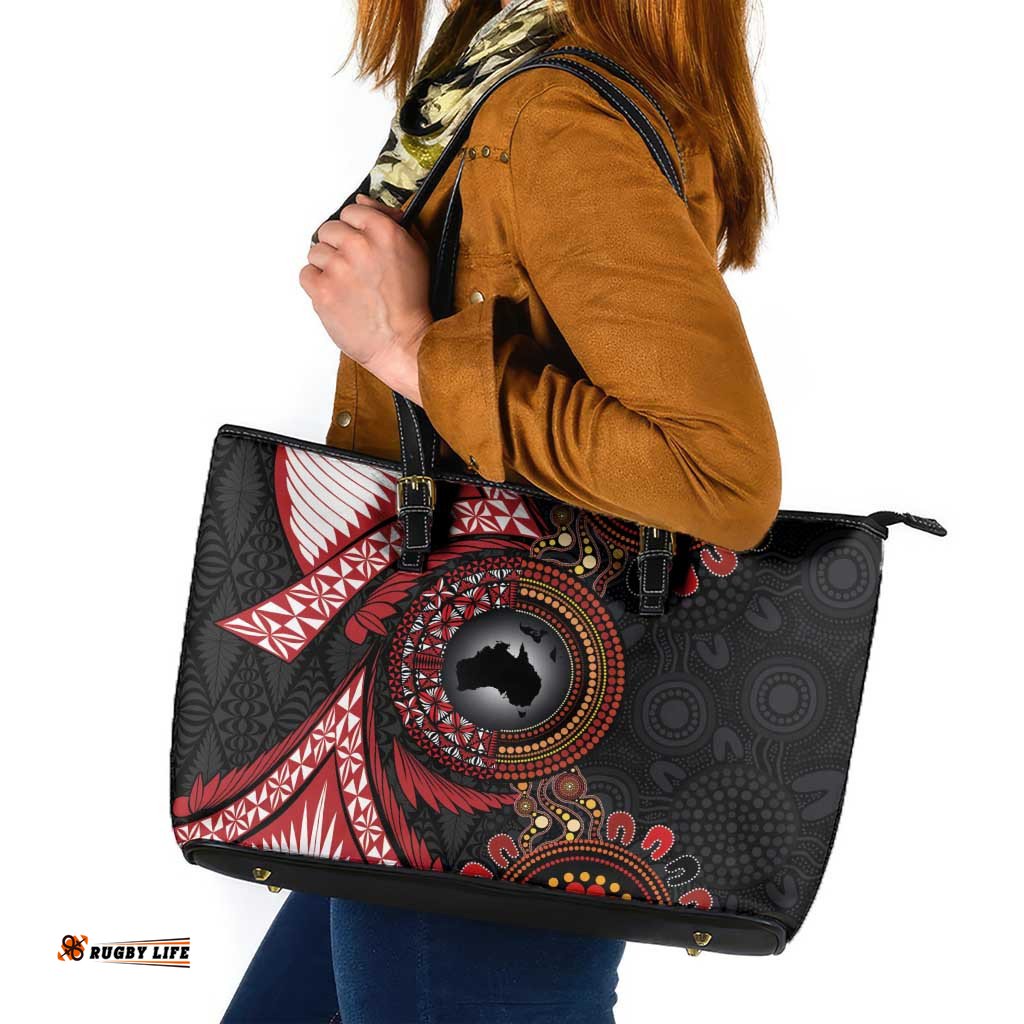 Tonga and Australia Together Leather Tote Bag Ngatu Art Tribal Aboriginal Tattoo Pattern