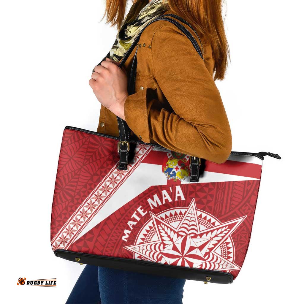 Tonga Rugby Mate Maa Leather Tote Bag Ngatu Pattern