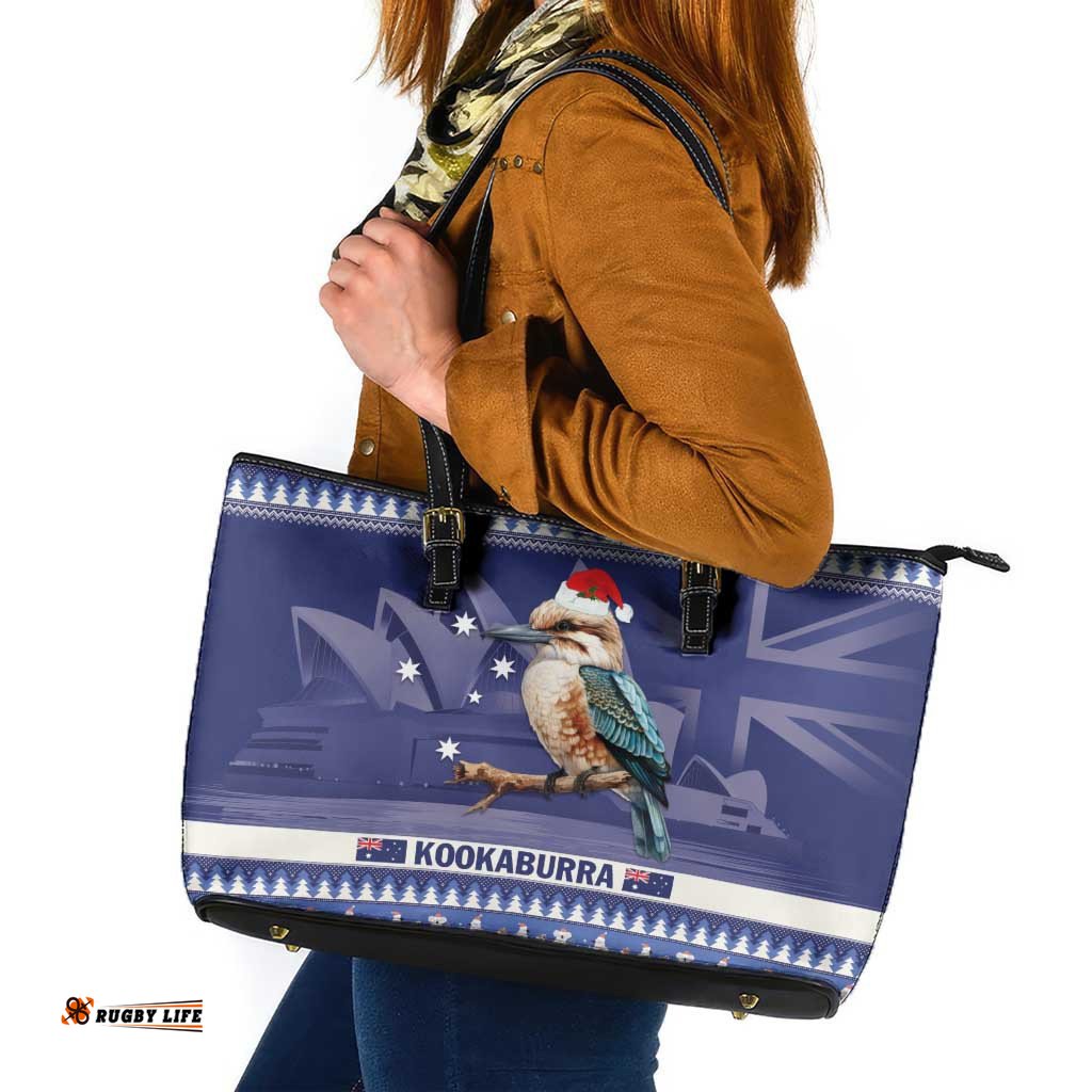 Aussie Kookaburra Leather Tote Bag Merry Christmas Blue Style