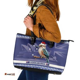 Aussie Kookaburra Leather Tote Bag Merry Christmas Blue Style