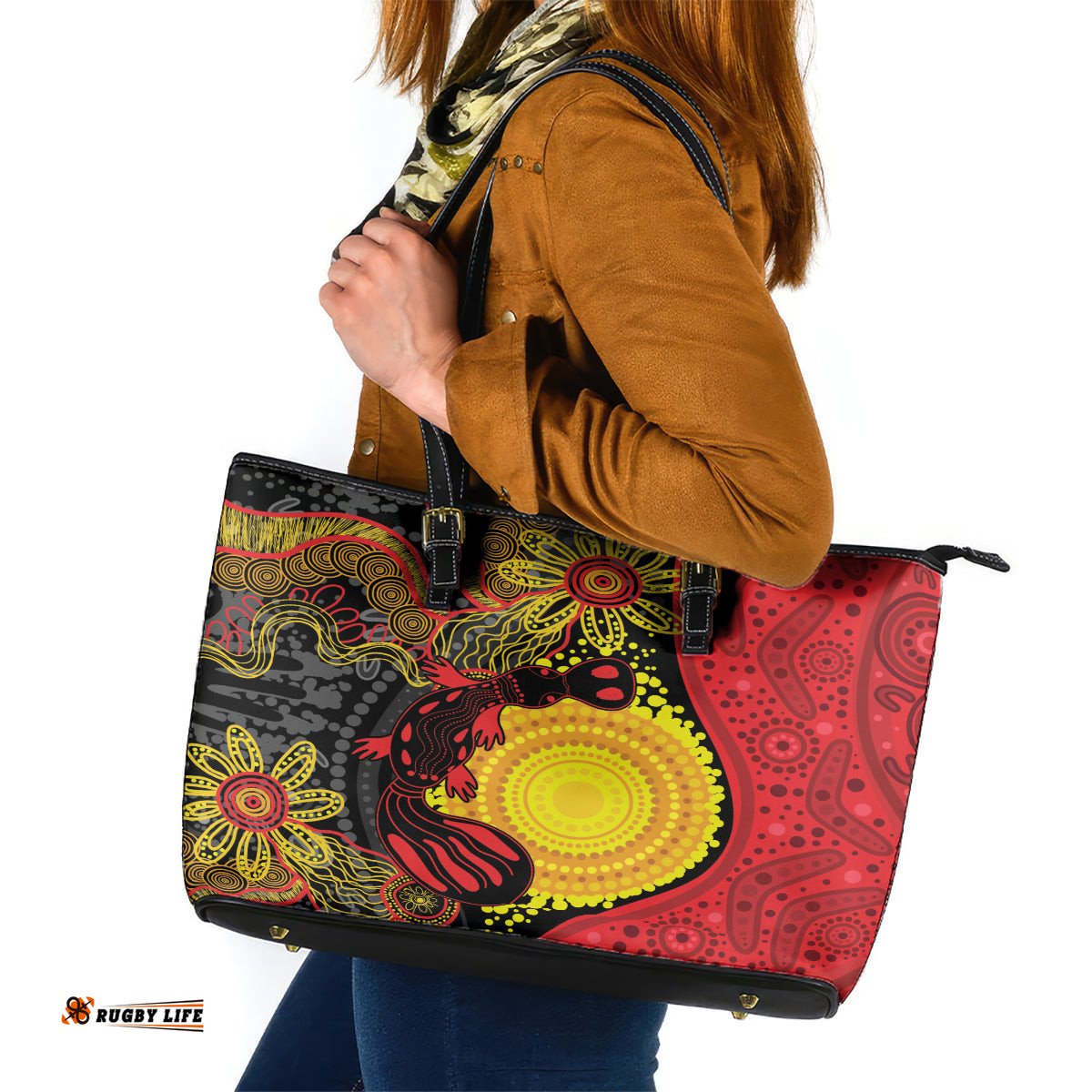 Platypus Aboriginal Art Style Leather Tote Bag