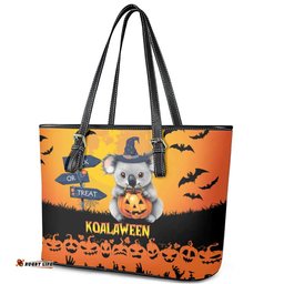 Happy Koalaween Leather Tote Bag Koala Ghost Trick or Treat