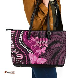 Think Pink Breast Cancer Awareness Leather Tote Bag Butterfly Aboriginal Mix Polynesian Pattern
