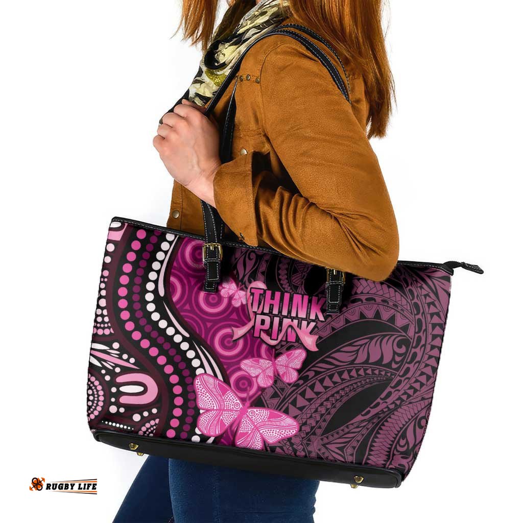 Think Pink Breast Cancer Awareness Leather Tote Bag Butterfly Aboriginal Mix Polynesian Pattern