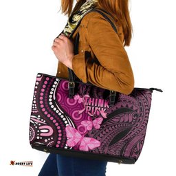 Think Pink Breast Cancer Awareness Leather Tote Bag Butterfly Aboriginal Mix Polynesian Pattern