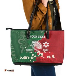 Custom Tonga And Australia Rugby Leather Tote Bag Mate Maa Tongan Ngatu Mix Kangaroos Aboriginal