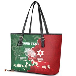 Custom Tonga And Australia Rugby Leather Tote Bag Mate Maa Tongan Ngatu Mix Kangaroos Aboriginal