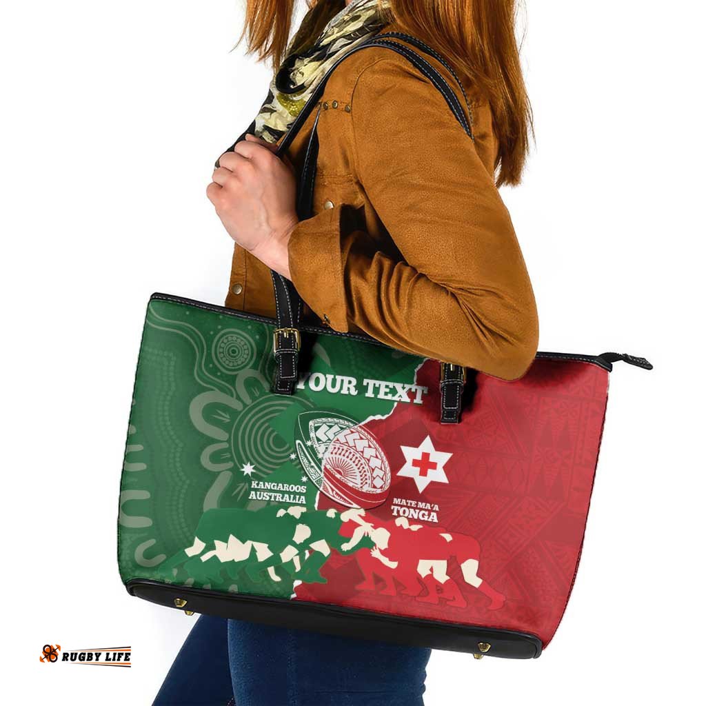 Custom Tonga And Australia Rugby Leather Tote Bag Mate Maa Tongan Ngatu Mix Kangaroos Aboriginal