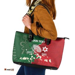 Custom Tonga And Australia Rugby Leather Tote Bag Mate Maa Tongan Ngatu Mix Kangaroos Aboriginal