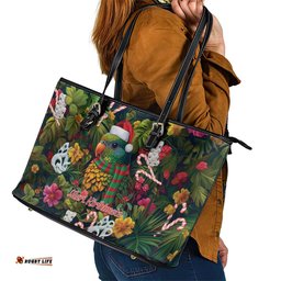 Meri Kirihimete Kakapo Santa Leather Tote Bag Merry Christmas with Tropical Vibe