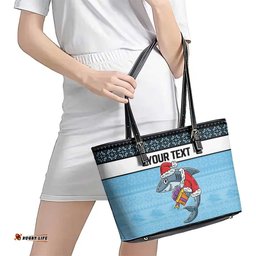 NRL Cronulla-Sutherland Christmas Personalised Leather Tote Bag with Sharkies Santa