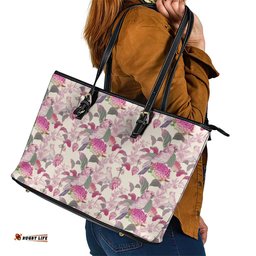 Pink Cockatoo Australia Leather Tote Bag Tropical Flowers - Seamless Pattern
