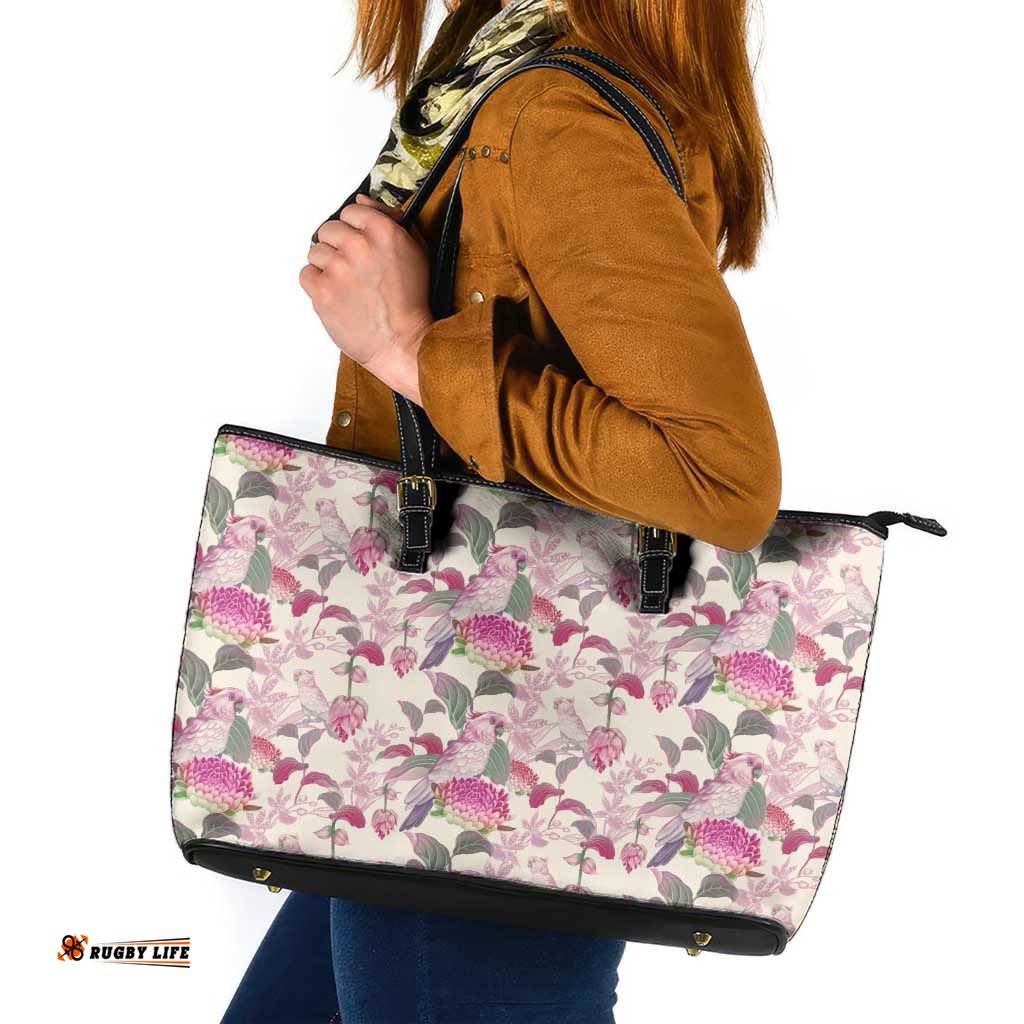 Pink Cockatoo Australia Leather Tote Bag Tropical Flowers - Seamless Pattern