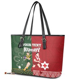 Custom Mate Maa Tonga And Kangaroo Australia Leather Tote Bag Tongan Kupesi Mix Aboriginal Art