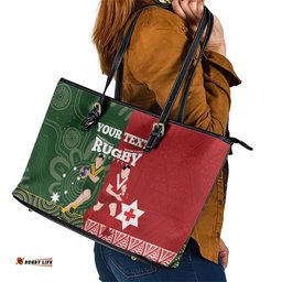 Custom Mate Maa Tonga And Kangaroo Australia Leather Tote Bag Tongan Kupesi Mix Aboriginal Art