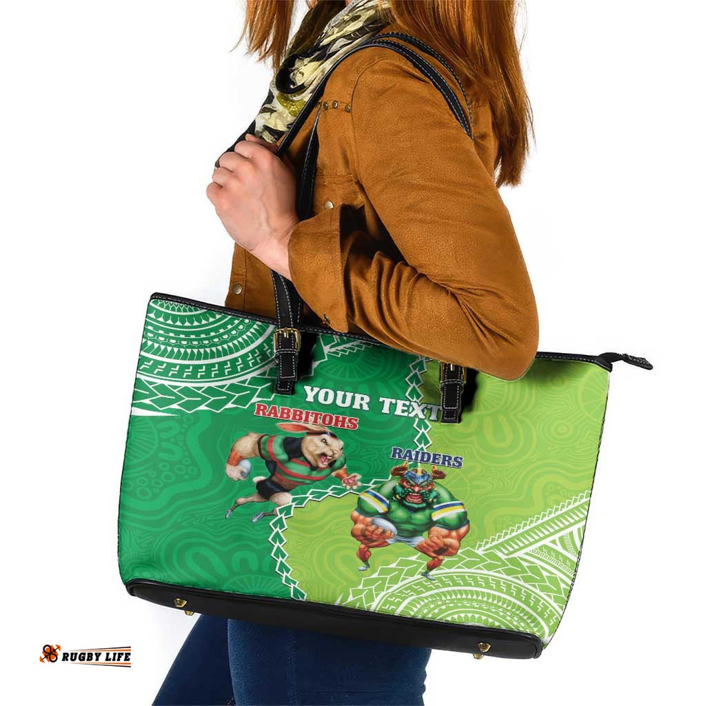 Personalised Rabbitohs And Raiders Rugby Leather Tote Bag Aboriginal Mix Polynesian Pattern