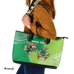 Personalised Rabbitohs And Raiders Rugby Leather Tote Bag Aboriginal Mix Polynesian Pattern
