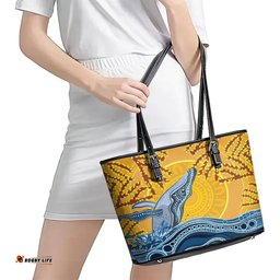 Whale In The Ocean Aboriginal Dot Art Leather Tote Bag No2