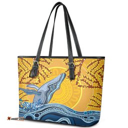 Whale In The Ocean Aboriginal Dot Art Leather Tote Bag No2