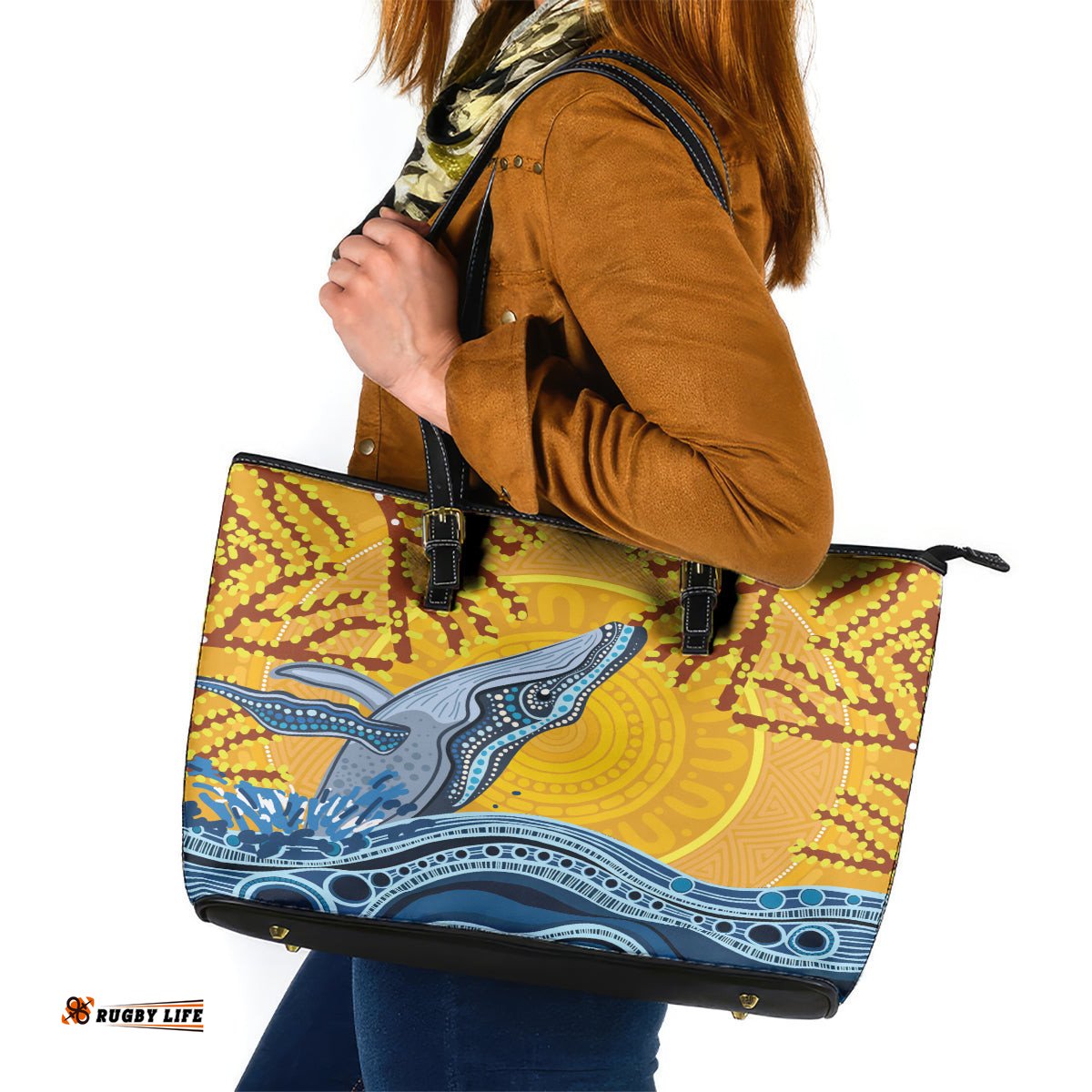 Whale In The Ocean Aboriginal Dot Art Leather Tote Bag No2