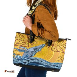 Whale In The Ocean Aboriginal Dot Art Leather Tote Bag No2