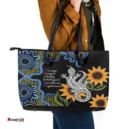 Australia Autism Awareness Leather Tote Bag Brave Strong Aussie Lizard Aboriginal Art