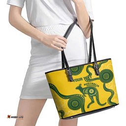 Custom Australia Soccer Leather Tote Bag Go Socceroos Kangaroo With Indigenous Art