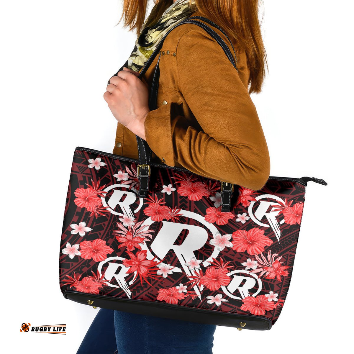 Australian Renegades Cricket Leather Tote Bag Baeuty Pacific Hibiscus and Polynesian Pattern