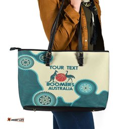 Custom Australia Boomers Leather Tote Bag Aboriginal With Marble Pattern - Cyan